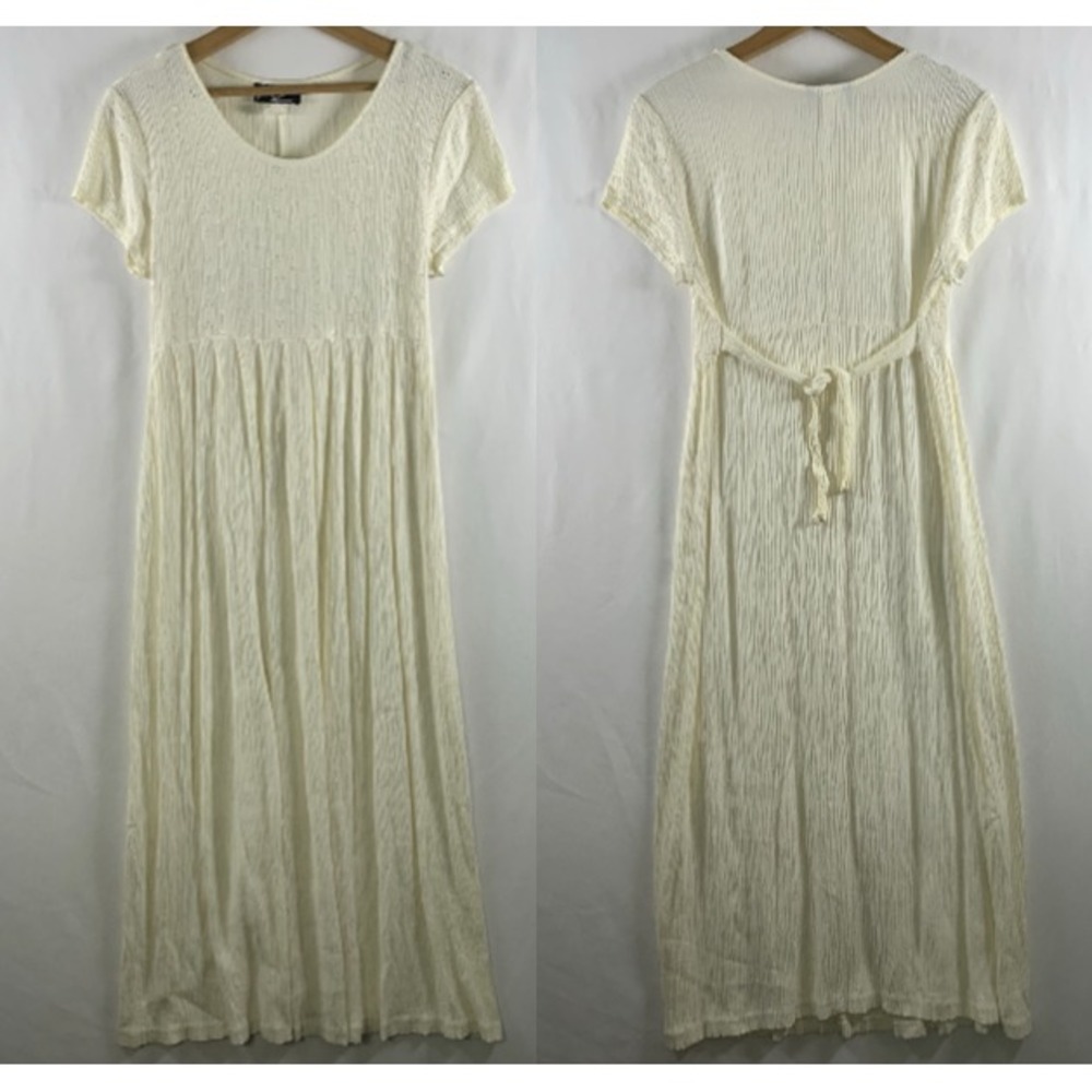 VTG Modest Cottage Eyelet Lace Tie Back Maxi Dress Sz S Ivory Prairie Feminine